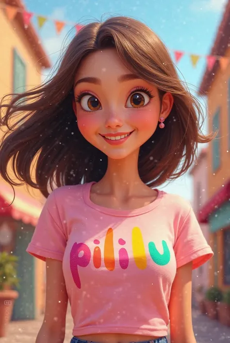 I need a Pixar-type poster of a woman with brown hair and a mole on her lip wearing a pink t-shirt with a rainbow that says pili lu, the background being colorful