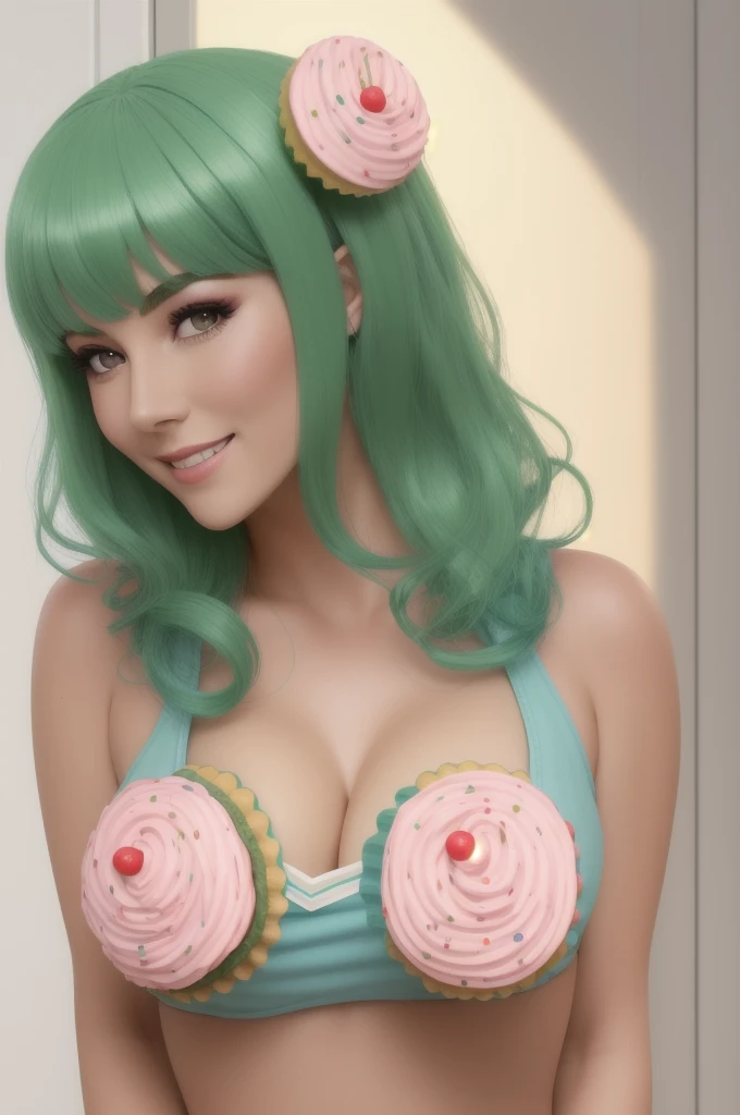 4K, masterpiece, Hi-Res, ABSARD DRESS,Natural Volume Lighting and the Best Shadows,  with dark hair,smile, cupcake _ is nice, 
 cupcake _ is nice, a woman with green hair and a green wig ,green_wig, mini shorts,wearing a  cupcake _ is nice,
