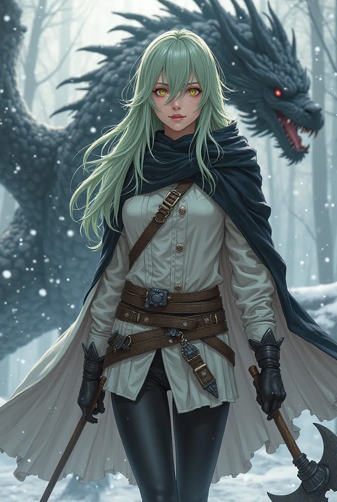 (maximum quality, boobs,  official art , beautiful and aesthetic :1.2) female anime, girl, girl rebelde,  long light green hair with bangs covering the right side of the face,  golden eyes, Viking white coat,  wearing a black cape , cold white clothing Vik...