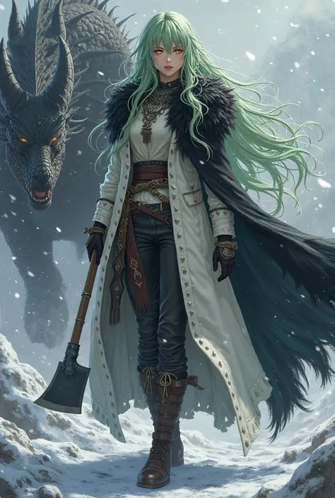 (maximum quality, boobs,  official art , beautiful and aesthetic :1.2) female anime, girl, girl rebelde,  long light green hair with bangs covering the right side of the face,  golden eyes, Viking white coat,  wearing a black cape , cold white clothing Vik...