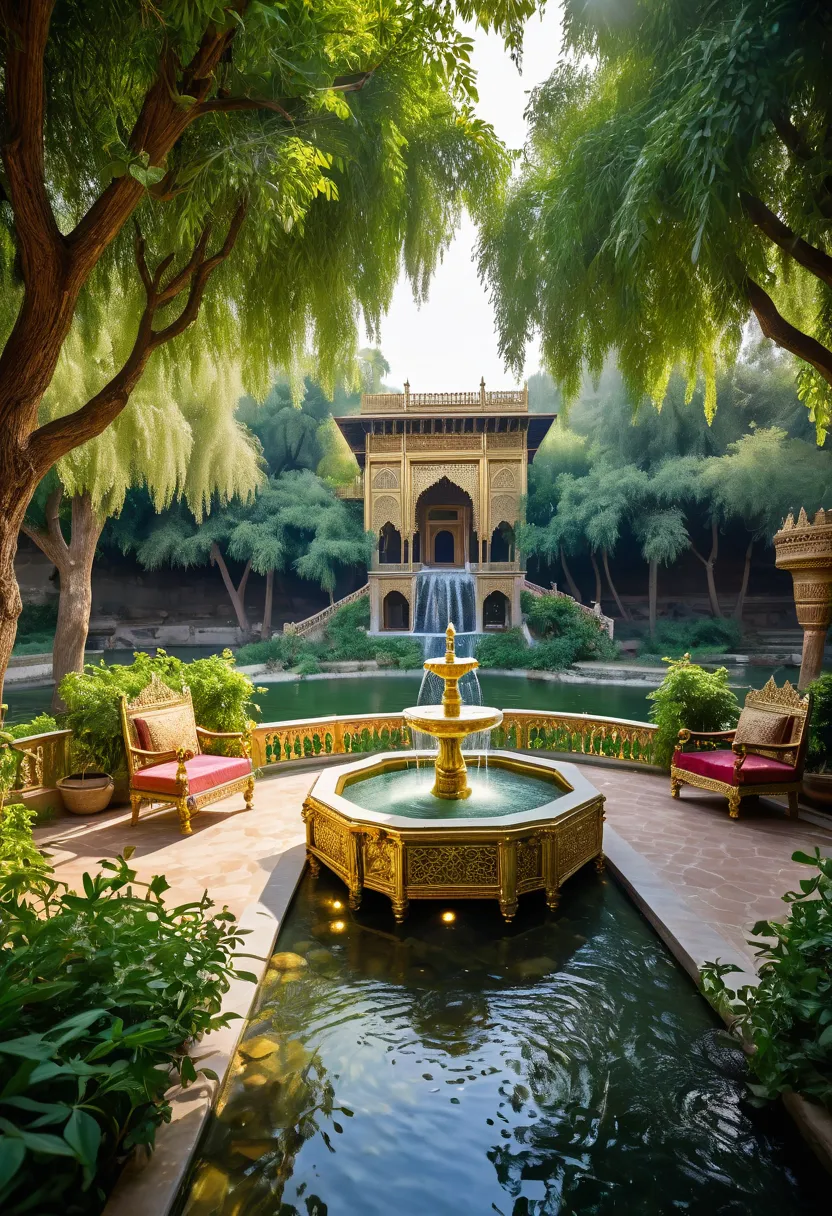 A vast heavenly garden with rivers crystal clear flows under it, filled with shady trees bearing bushy fruits like dates, grapes , and pomegranate. The golden soft light illuminates every corner,  creating a peaceful atmosphere . In the middle of the garde...