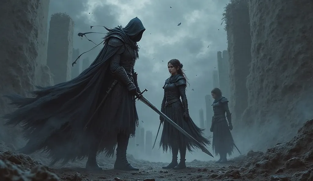 A former ally, cloaked in dark armor, turns against Eliana and Zeke. His face is torn with regret, but his sword is drawn. The atmosphere is tense, filled with heartbreak.