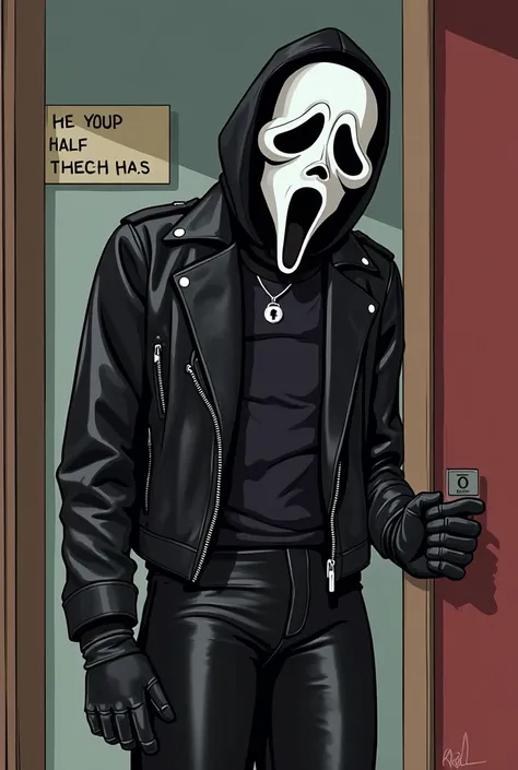 Ghostface from the horror movie scream wearing black leather jacket black gloves black leather pants meets ager wearing black leather leggings with a black tank top cartoon background school  Ghostface peeking around corner 