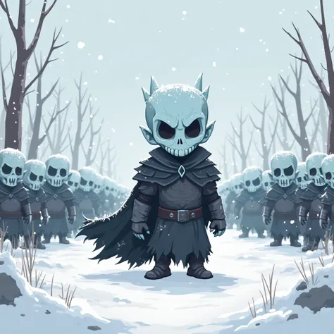 night king with his dead army in chibbi art style in snowy white theme