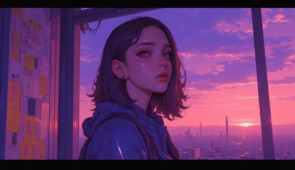 Best Quality　Ultra delicate　Japanese anime anime　 one pretty girl　　Strong shadows 　contrast after screen action 　サイバーpunk　punk 　Emotional　Sadness　sunset　twilight　Purple　Big boobs staring at the sunset　 popup