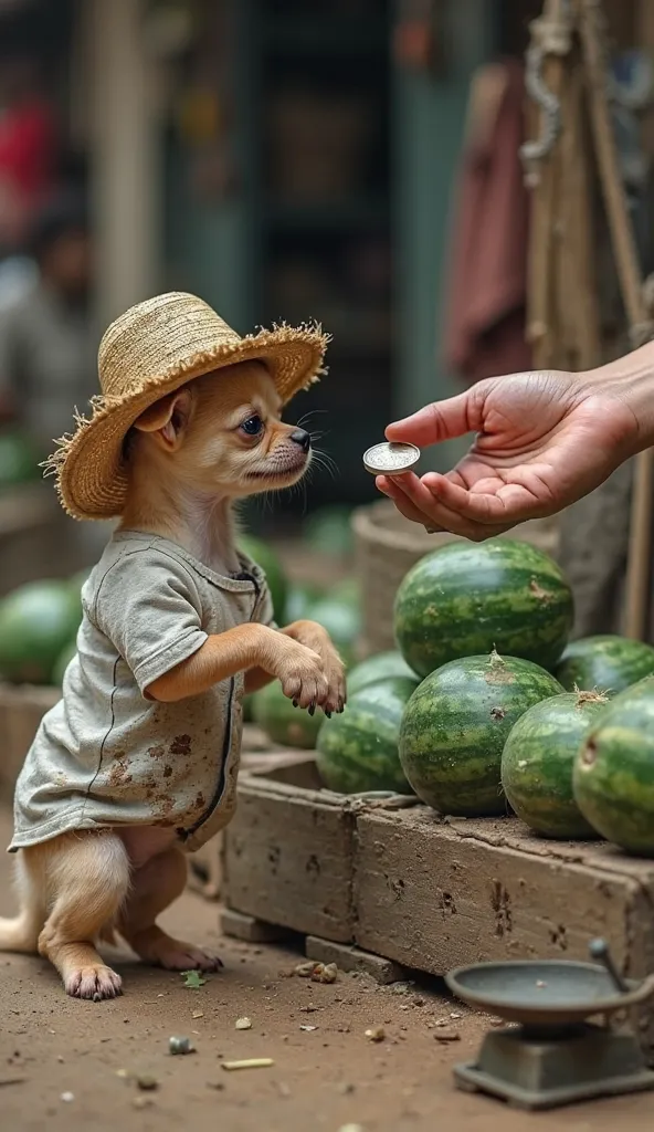 A small puppy, resembling a Chihuahua, with light cream-colored fur, now wet, matted, and covered in dust and dirt. It wears an old, tattered white-gray T-shirt that is heavily stained, riddled with holes, and barely holding together. On its tiny head sits...