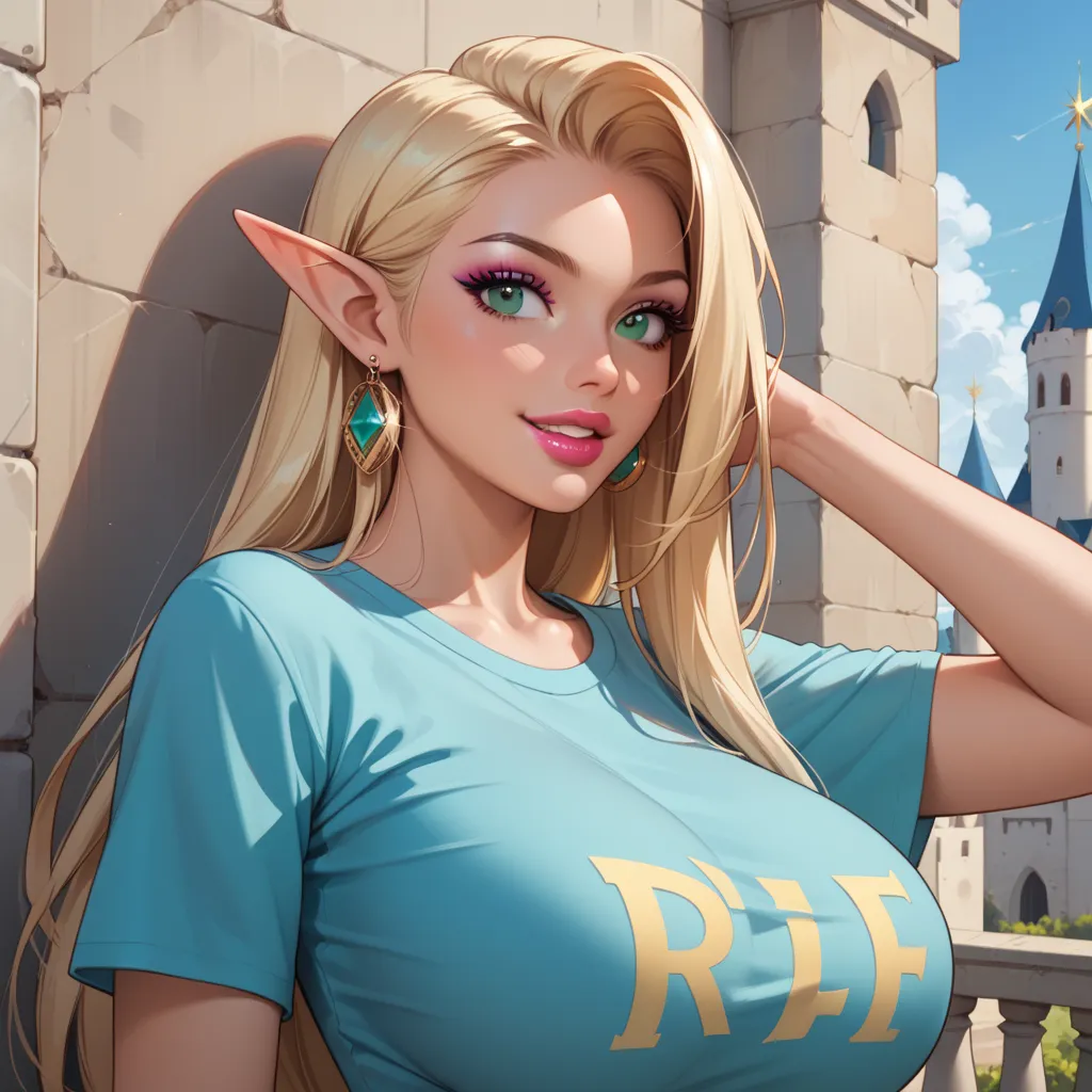  score_9,  score_8_up,  score_7_up, 1 girl, Alone, upper body, watching viewers, ç½ è² , Rich long blonde hair, Elf, makeup,  Open Lips, lipstick, eyeliner,  bimbo, Gal girl ,  huge breasts, gold＆Silver two-tone t-shirt:Plain,  mint green eyes
、smile over ...