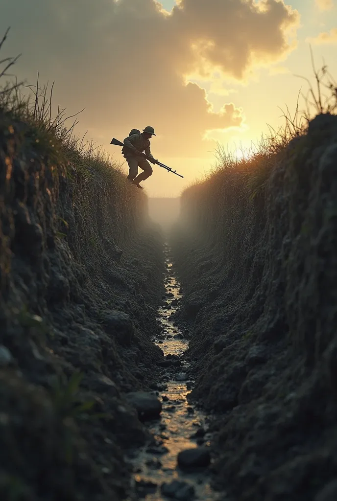 Trench warfare where only one soldier is seen on the front lines and shooting is not realistic and the soldier is seen against the light, The soldier has to come out of the trench the northern trench has to be so high