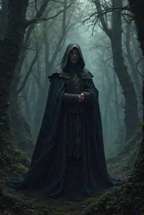 Monarch from middle century with hood, without face , only head and shoulders, in dark forest