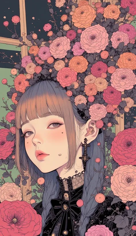 Long and short hair in random colors   ,    flowers blooming on my head 、 collar and bow tie  ,   feminine gothic aesthetics    , Close up details, Detail shot,    with clear details  ,   Artilove blow style      , Silkscreen Art   ,     check shirt  ,    ...