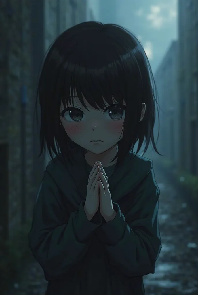 anime girl,  sad face ,  slightly lowered his head, Both hands clasped together as if begging, gloomy vibe, realistic photo , 8k, ultra-detail, HDR, studio lighting, bokeh, digital art, concept art , dark arts, pseudo,  cold , tonal contrast