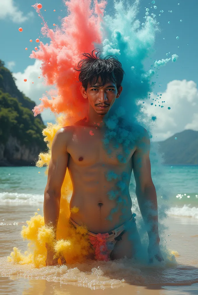 Front view of An Asian thin slim skinny nude man with short wavy wet hair standing facing forward looking at camera in Metamorphosis through swirling gases, bubbles, smokes, fluid, gelatinous liquid fractals, colorful vapour: two creatures of a half-asian ...