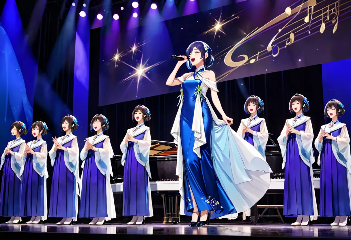 10 ren line up on the stage and sing along with piano accompaniment at the ren's choir competition、Formal glossy silk stage costume