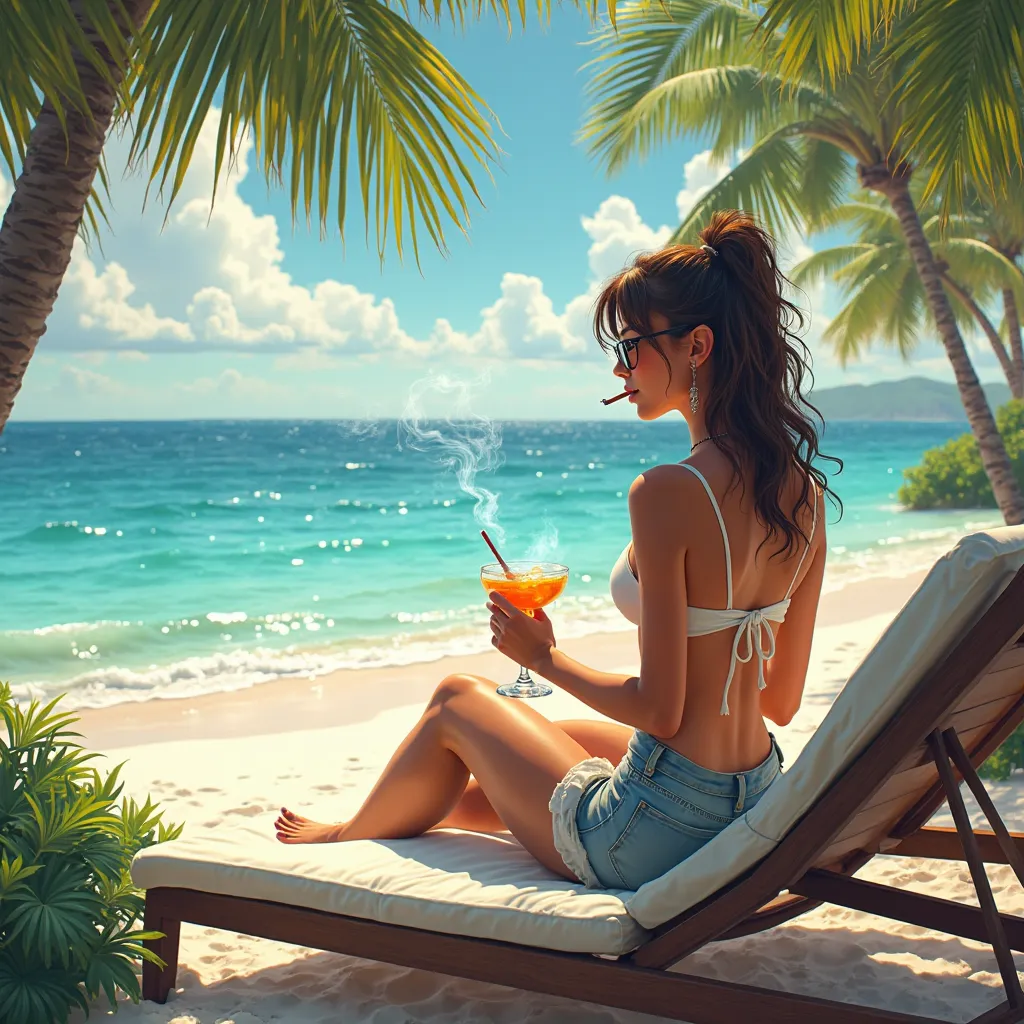 Beach, sun, sun bed, fully clothed girl looking away, cocktail, cigarette, tropical