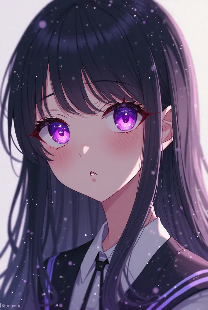 Make an image of a girl with long hair in black, purple eyes, with white skin, anime in a UA uniform