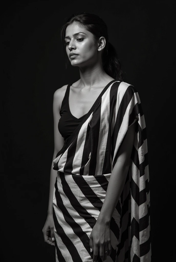 a close up of a woman in a black and white striped sari, stripes, black stripes, striped, with a black background, close up half body shot, candid photo, with a black dark background, sexy look, monochrome, draped in flowing fabric, wearing a sari, with bl...