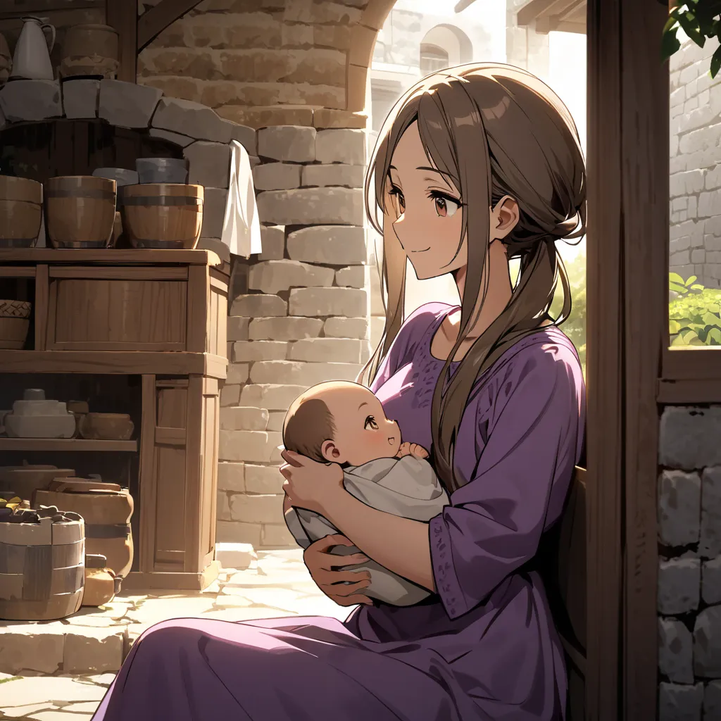  adult, skinny,   long hair , Brown-haired woman, brown eyes, smile, Roman clothing, purple tunic, no bangs ,holding a gray-haired baby,Stone House,Greek house