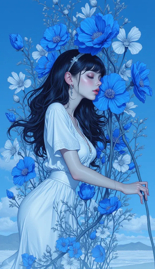 (masterpiece,high quality,Mirror-like,cinematic experience,very detailed),8k,  wallpaper,(A blue morning glory flower and a woman、is an illustration of fragility and beauty:2.0),(Blue themed illustrations:2.0),( vector art:2.0)