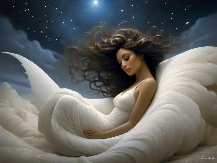 , the lying female figure curled up in a kink. white glow. fractal.
  starry night sky. fabulously beautiful.

 lighting.
with one sweeping line, palette knife


 naive, fantasy, Surrealism,  Minimalism,art-line, dark botanical ..,  Lee Bogle 