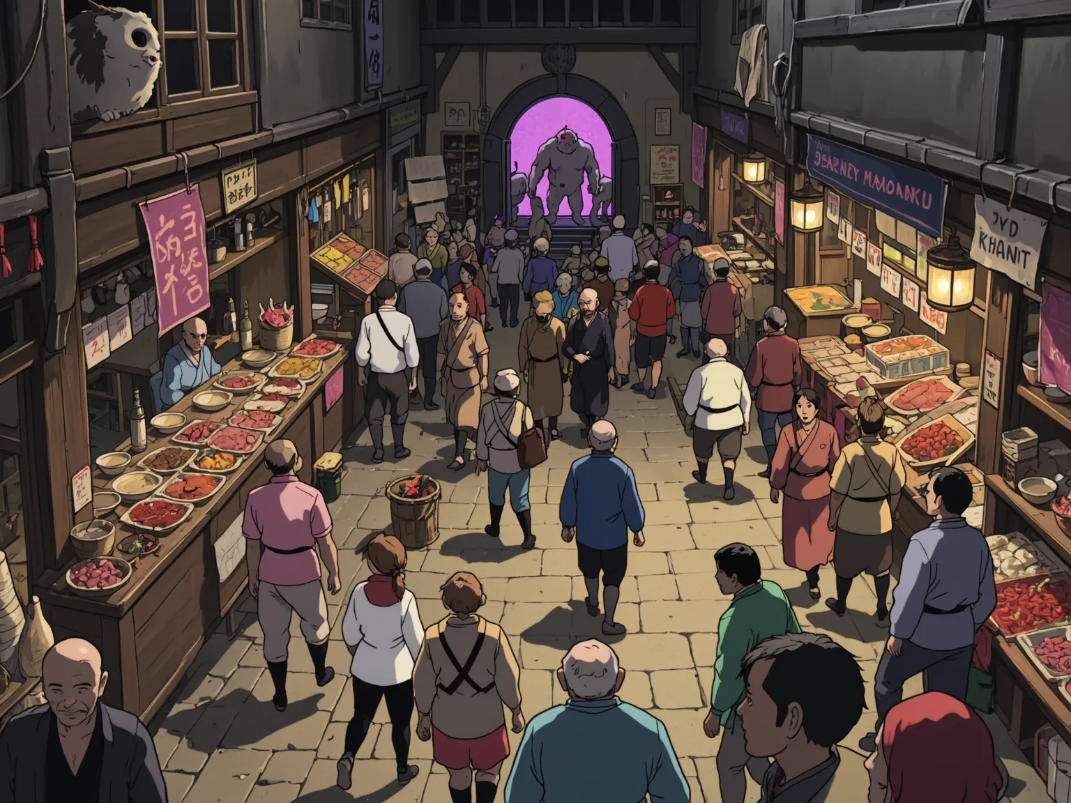 A cartoon image in the style of Ghibli, ghiblistyle, a bustling market place, seen from an elevated position. Stalls and vendors selling beautiful food, grotesque ingredients. Among the sctlattered crowd are humans as well as animals walking on 2 feet, wal...