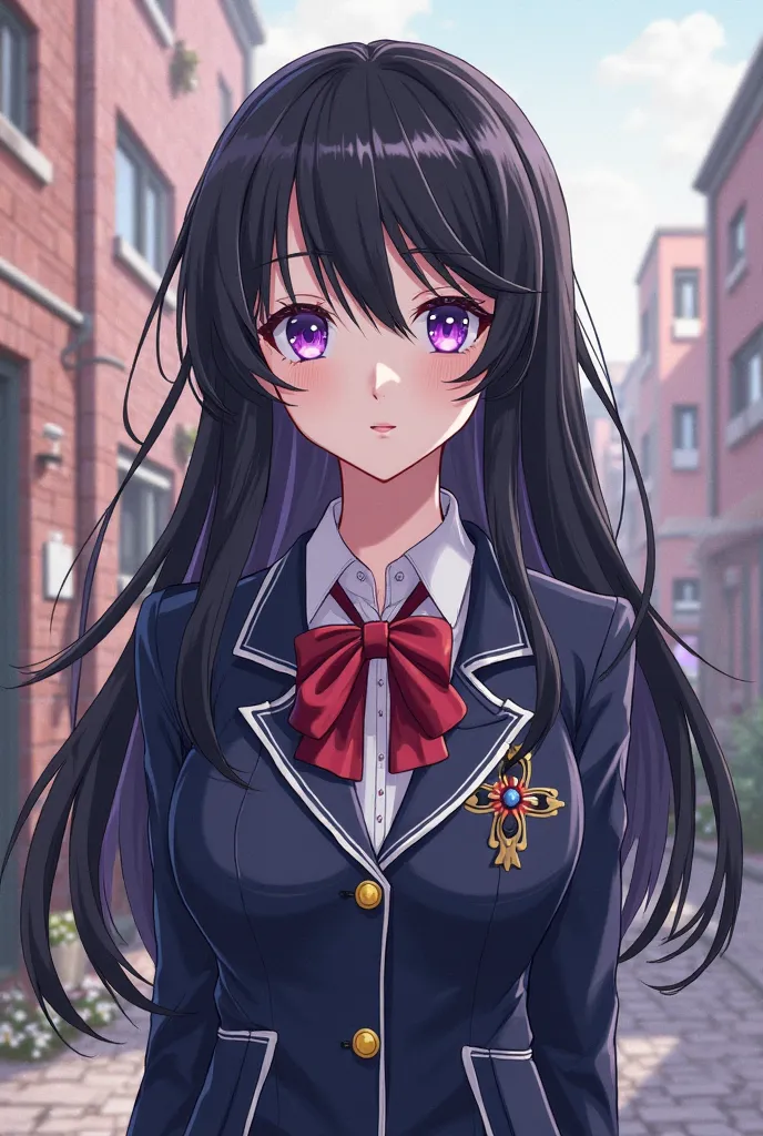 Make an image of a girl with long black hair, purple eyes and white skin, anime wearing UA uniform from the anime My Héro Academy