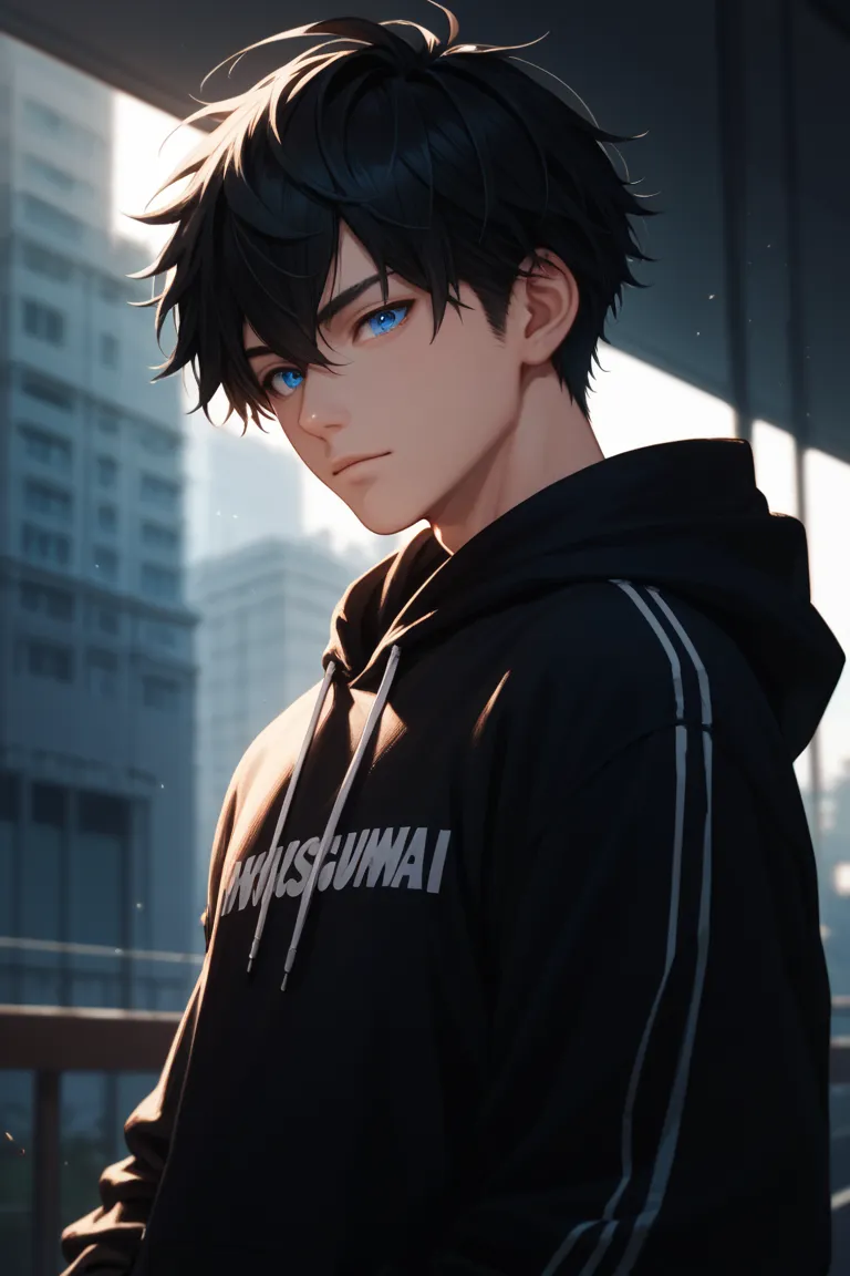 The image shows a man with black hair and blue eyes, wearing a sweatshirt with the name MATI ( in the  ) and wearing the dark hood.   The style is dark and mysterious .Alta resolución, high quality, Anime Style