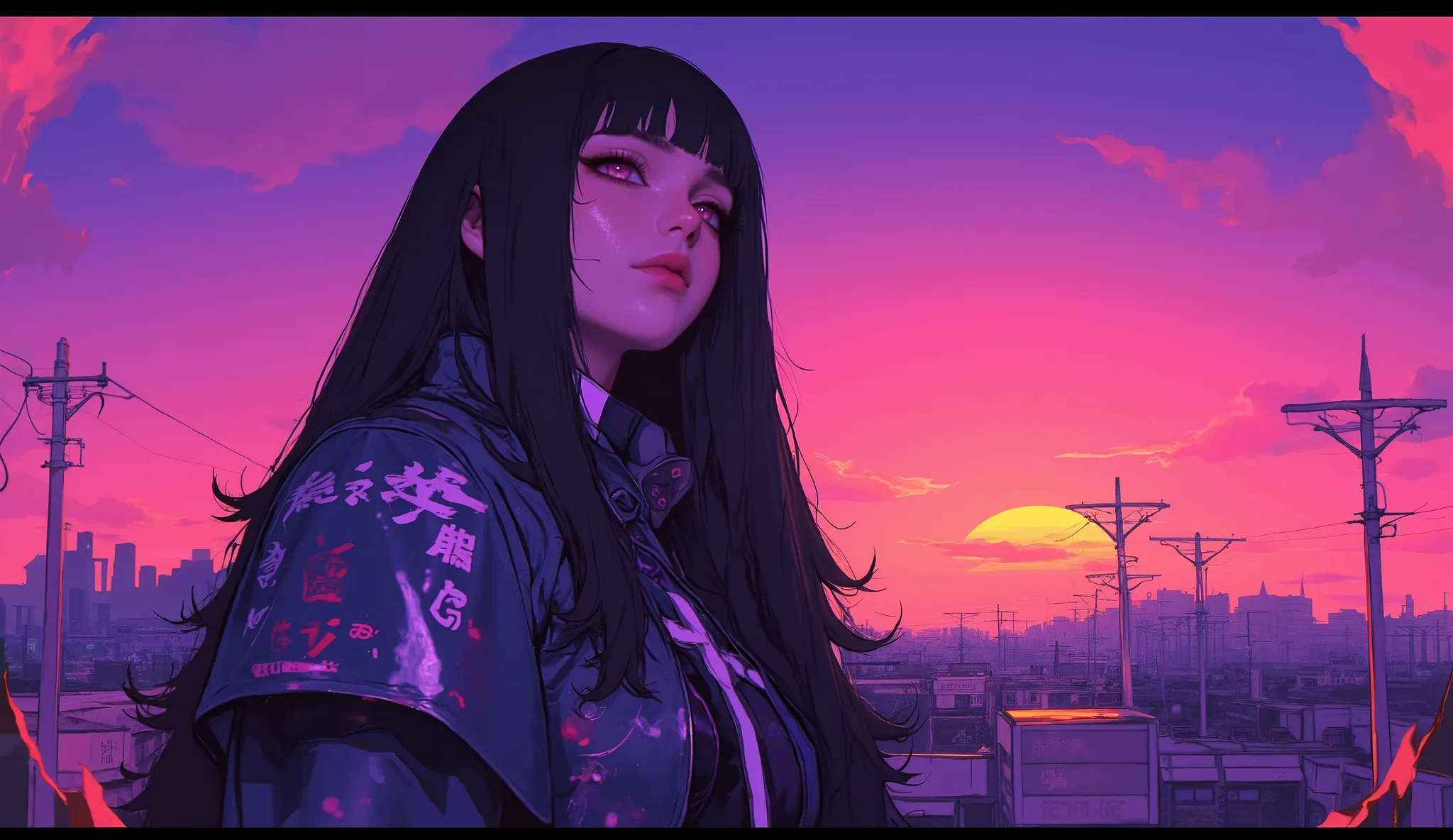 Best Quality　Ultra delicate　Japanese anime anime　 one pretty girl　　Strong shadows 　contrast after screen action 　サイバーpunk　punk 　Emotional　Sadness　sunset　twilight　Purple　Big boobs staring at the sunset　 popup