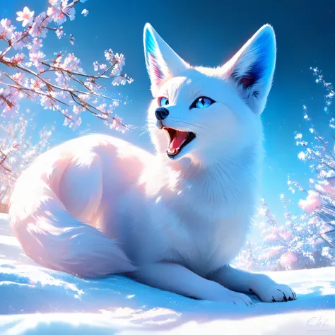 best quality,high quality,masterpiece,no human,white fox,animal,blue eyes,dreamy, white back ground,Yawn,no effect