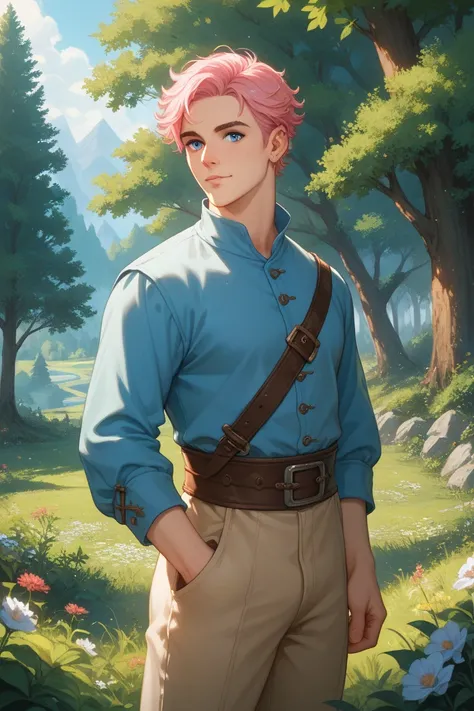 Man with cropped pink hair and mullet and blue eyes in medieval baby blue clothing,