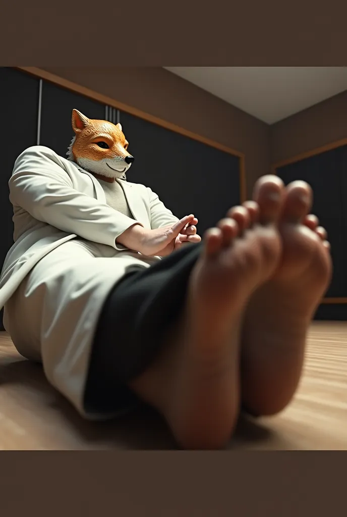 Sweat dripping from toes to soles fox mask on