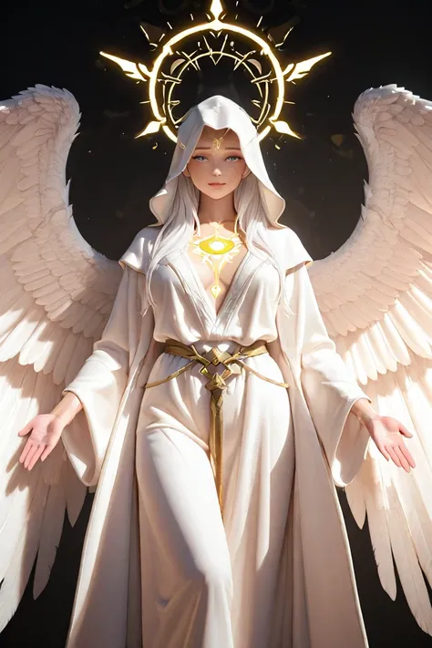 3d anime caricature standing looks very realistic and detailing, with four wings behind and also a white robe that glows