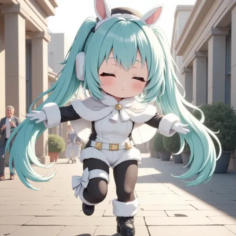 anime illustration,A sleepy little character, Her face looks very weak. She is photographed from the front. wearing in christmas-miku cosplay costume. She is wearing white leotard with bow and white fur-trimmed capelet. She is also wearing white elbow glov...