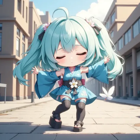 anime illustration,A sleepy chibi character, Her face looks very weak, hatsune-miku cosplay costume. She is wearing japanese clothes. The clothes contains short sleeveless kimono with detached wide sleeves and obi and skirt. She is also wearing black thigh...