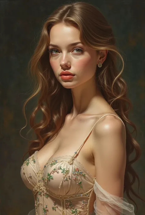 A painting drawn in the style of Raphael, a beautiful Caucasian woman with large breasts dressed in a transparent dress.Imagine the most beautiful girl in the world—her beauty is so mesmerizing that she seems almost otherworldly.

Boobs Big breasts 

Her f...