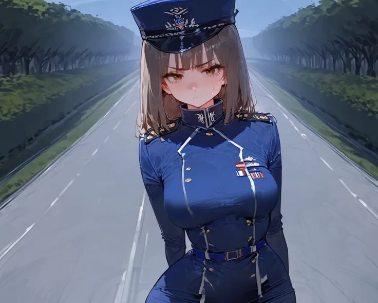  (masterpiece), best quality,  expressive eyes, 1 Girl with medium small breasts, wide hips, curvy body, dark straight hair, brown eyes, digital hat, uniform digital blue, Stern gaze, with her back looking at runway, runway of arriving planes, around trees...