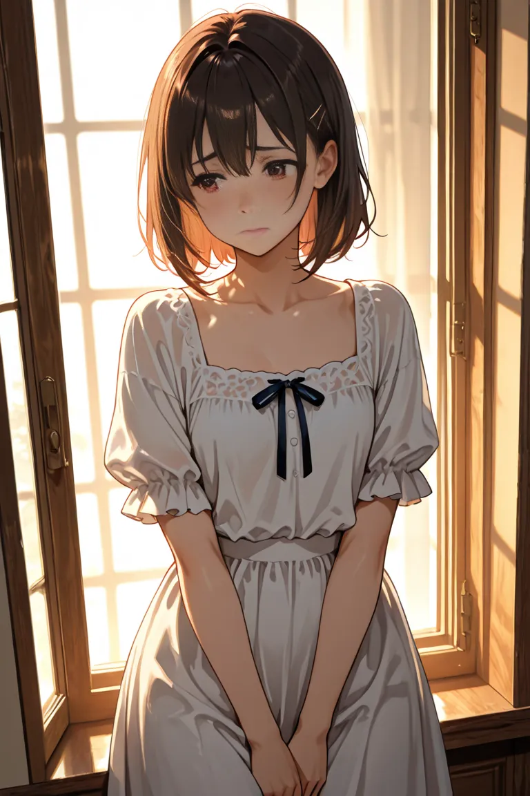  Young Girl, Sad looking out the window of his room, remera oversize, voluptuous thick body, Natural side lighting makes your figure transparent