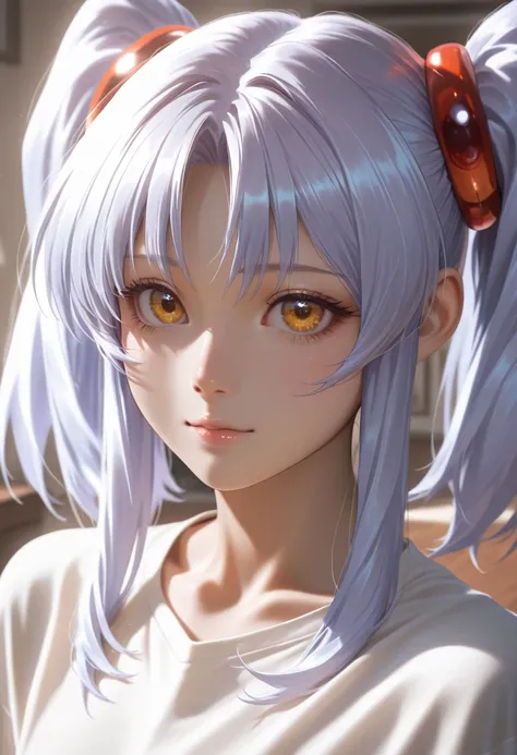 masterpiece, best quality, vibrant, very aesthetic, high contrast, photorealistic portrait,beautiful detailed face,detailed texture,detailed skin,newest, 1girl,Martian Successor Nadesico,source_Martian Successor Nadesico,twin tails,hoshino ruri,shirt,room,...