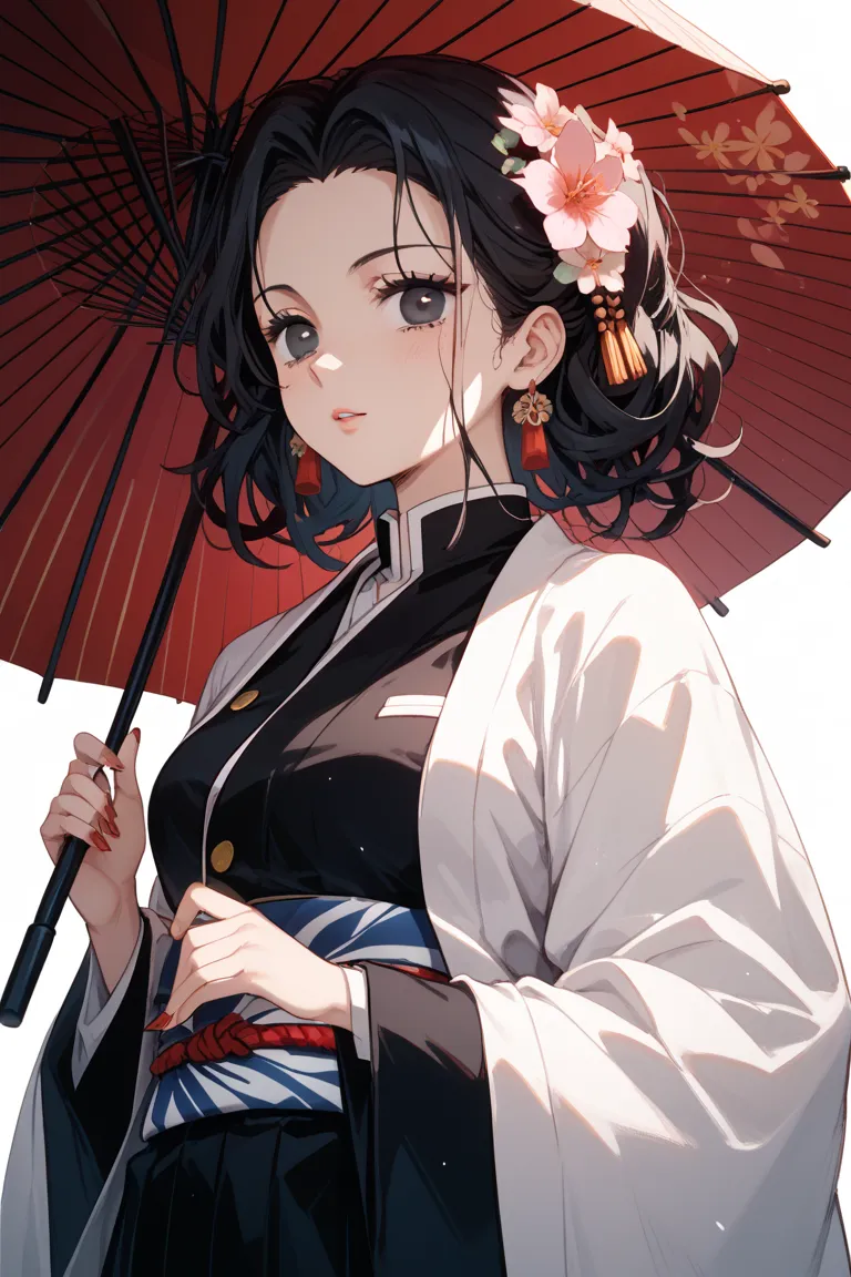 Generate a black and white icon。A cold-hearted woman with long black hair and sharp, cold eyes、this is an angle illustration from below holding an umbrella like a flower grouse。Please make only the black eyes and nails dark red。I'm imagining a cool illustr...