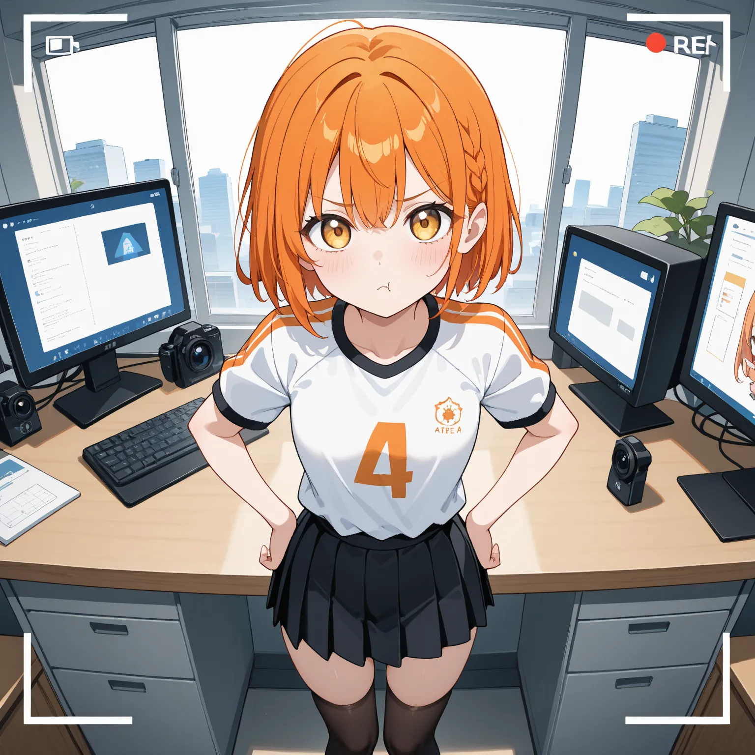 An anime-style girl with short orange hair, golden eyes, and a pouty expression, wearing a white and orange sports uniform with a pleated black skirt. She has her hands on her hips and looks up at the camera with an annoyed or determined expression. She we...