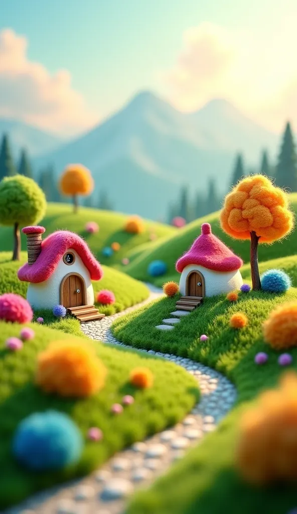 a whimsical landscape with small, cozy houses scattered on rolling green hills, trees with colorful pom-pom-like leaves, dreamy and soft lighting, miniature scale, charming details, pastel color palette, artful composition, high detail, enchanting, fantast...