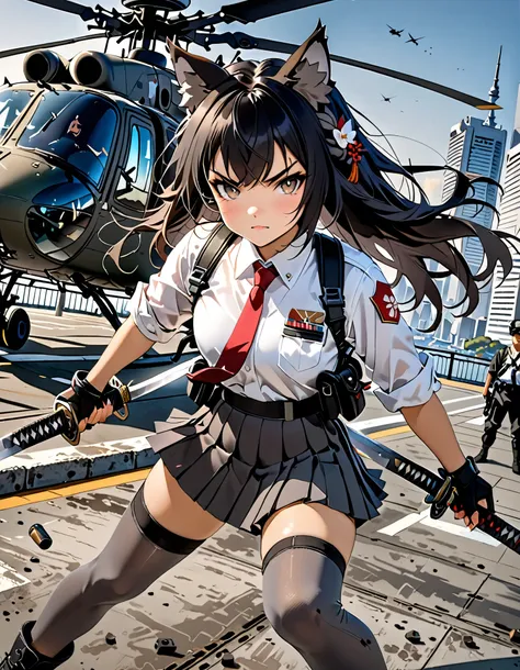 masterpiece, best quality, high res, 4k, 8k, solo focus, 1girl, female samurai, Japanese military officer, (catgirl:1, animal ears, furry ears:1.2), college-aged female, ((long hair, black hair, hair ornament)), white-collared shirt, red necktie, shoulder ...