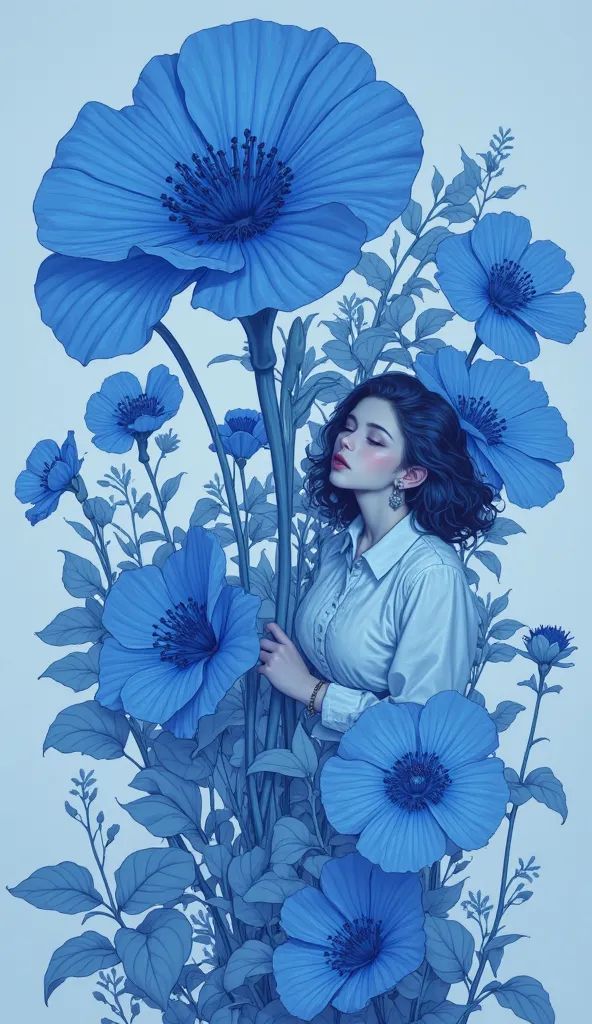 (masterpiece,high quality,Mirror-like,cinematic experience,very detailed),8k,  wallpaper,(A blue morning glory flower and a woman、is an illustration of fragility and beauty:2.0),(Blue themed illustrations:2.0),( vector art:2.0)