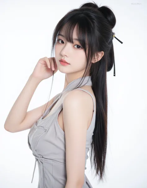 
 K-pop girls、 charming、Unique visuals、fresh, milky white skin、Long black hair with bangs、pins and straight hair、Big deer eyes 、 slim figure、known as a hot member、 real 、20 years old、white background、Full body in frame、チャイナ dress、Chinese clothes、 dress、hal...