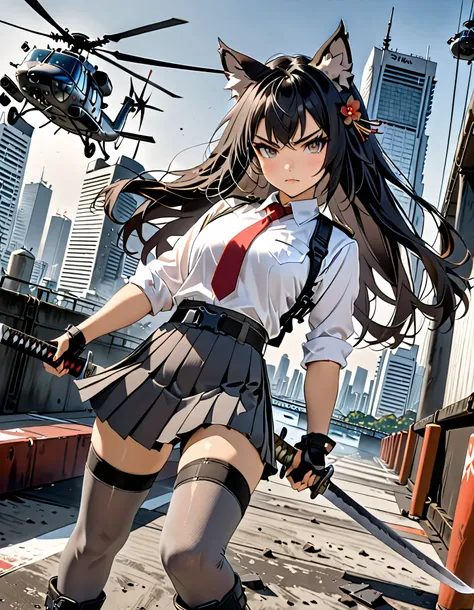 masterpiece, best quality, high res, 4k, 8k, solo focus, 1girl, female samurai, Japanese military officer, (catgirl:1, animal ears, furry ears:1.2), college-aged female, ((long hair, black hair, hair ornament)), white-collared shirt, red necktie, shoulder ...