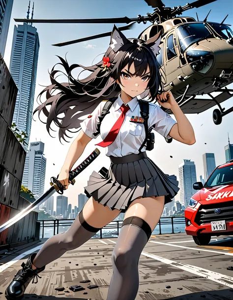 masterpiece, best quality, high res, 4k, 8k, solo focus, 1girl, female samurai, Japanese military officer, (catgirl:1, animal ears, furry ears:1.2), college-aged female, ((long hair, black hair, hair ornament)), white-collared shirt, red necktie, shoulder ...
