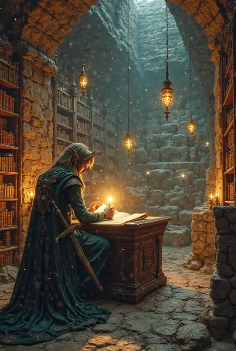 Magical Library
"In an underground ancient library, where lamps floating in the air are lighting, an elf warrior is reading an ancient scroll. Surrounding it are high cupboards with glittering books. His sword is placed on the table and magical marks are w...