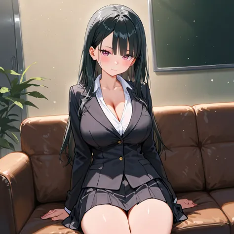 very good resolution, 8K, 4k, High School Principal,  with big breasts, flaquita, medium short and medium long black hair, neckline,  black uniform, Sitting on the couch in the management room, with tits resting on the desk