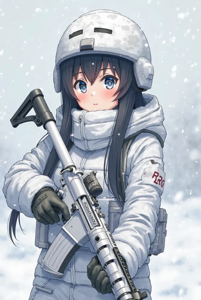 female soldier
I have a white camo assault rifle
Clothes are white winter camouflage clothes
He also wears a white helmet
My breath is a little white

It's snowing hard

The hair color is black and the hair is long
The expression is expressionless

In anim...