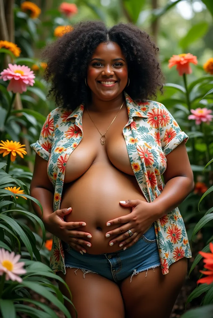 A Brazilian woman in a lush tropical garden,  wearing an open shirt with floral print, with a close up capturing the harmonious beauty between her breasts and natural flowers, showing her natural charm and outgoing personality. But overweight with a belly ...