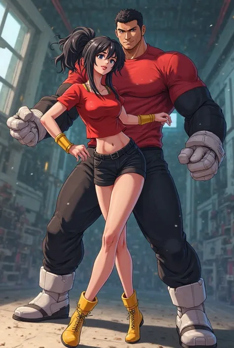 ( Anime style photo ) A woman in a short tight red blouse, a short red skirt ,  in black shorts , yellow wristbands and yellow boots. The woman is fighting in a space tournament against a giant, muscular man with short black hair, a tight red t-shirt with ...